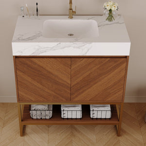 English Elm 29.9" Freestanding Bathroom Vanity Sintered Top Ceramic Sink Soft-close Drawers Small Bath Walnut / White - A W3136S00117