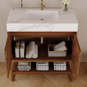 English Elm 29.9" Freestanding Bathroom Vanity Sintered Top Ceramic Sink Soft-close Drawers Small Bath Walnut / White - A W3136S00117