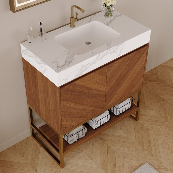 English Elm 29.9" Freestanding Bathroom Vanity Sintered Top Ceramic Sink Soft-close Drawers Small Bath Walnut / White - A W3136S00117