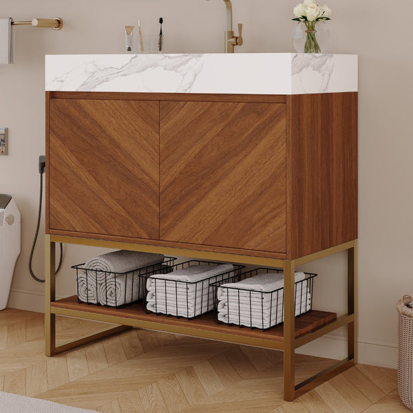 English Elm 29.9" Freestanding Bathroom Vanity Sintered Top Ceramic Sink Soft-close Drawers Small Bath Walnut / White - A W3136S00117