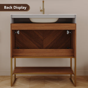 English Elm 29.9" Freestanding Bathroom Vanity Sintered Top Ceramic Sink Soft-close Drawers Small Bath Walnut / White - A W3136S00117