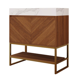 English Elm 29.9" Freestanding Bathroom Vanity Sintered Top Ceramic Sink Soft-close Drawers Small Bath Walnut / White - A W3136S00117
