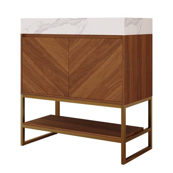 English Elm 29.9" Freestanding Bathroom Vanity Sintered Top Ceramic Sink Soft-close Drawers Small Bath Walnut / White - A W3136S00117