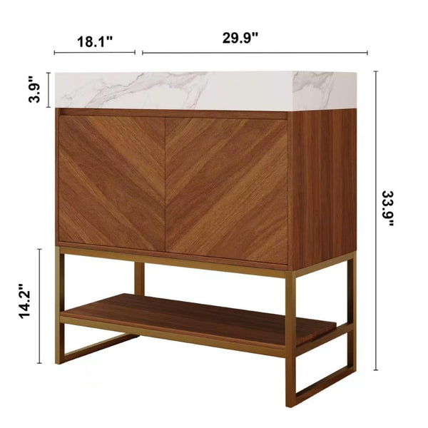 English Elm 29.9" Freestanding Bathroom Vanity Sintered Top Ceramic Sink Soft-close Drawers Small Bath Walnut / White - A W3136S00117
