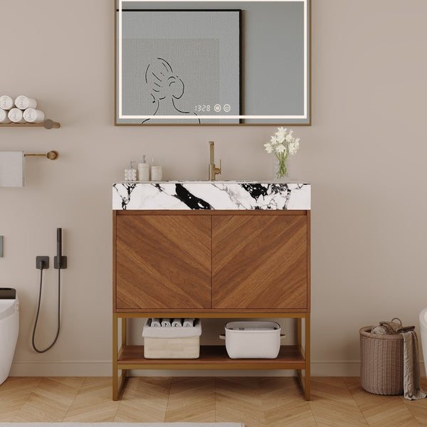 English Elm 29.9" Freestanding Bathroom Vanity Sintered Top Ceramic Sink Soft-close Drawers Small Bath Walnut / White - B W3136S00118