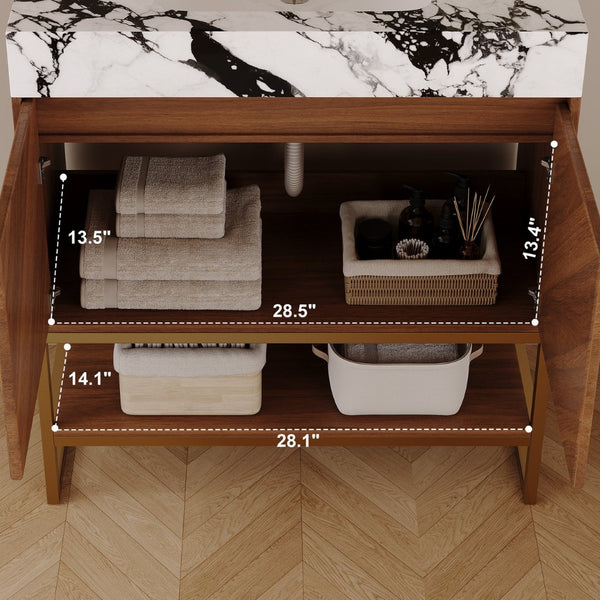 English Elm 29.9" Freestanding Bathroom Vanity Sintered Top Ceramic Sink Soft-close Drawers Small Bath Walnut / White - B W3136S00118
