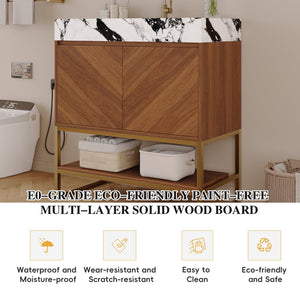 English Elm 29.9" Freestanding Bathroom Vanity Sintered Top Ceramic Sink Soft-close Drawers Small Bath Walnut / White - B W3136S00118