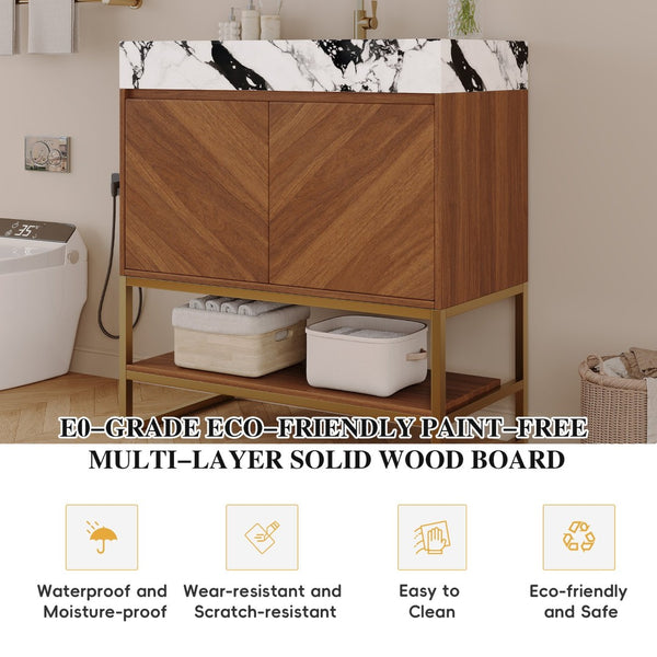 English Elm 29.9" Freestanding Bathroom Vanity Sintered Top Ceramic Sink Soft-close Drawers Small Bath Walnut / White - B W3136S00118