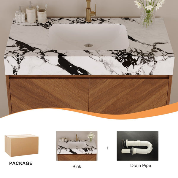English Elm 29.9" Freestanding Bathroom Vanity Sintered Top Ceramic Sink Soft-close Drawers Small Bath Walnut / White - B W3136S00118