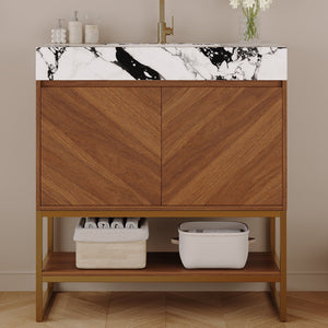 English Elm 29.9" Freestanding Bathroom Vanity Sintered Top Ceramic Sink Soft-close Drawers Small Bath Walnut / White - B W3136S00118