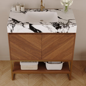 English Elm 29.9" Freestanding Bathroom Vanity Sintered Top Ceramic Sink Soft-close Drawers Small Bath Walnut / White - B W3136S00118