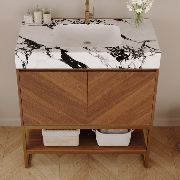 English Elm 29.9" Freestanding Bathroom Vanity Sintered Top Ceramic Sink Soft-close Drawers Small Bath Walnut / White - B W3136S00118