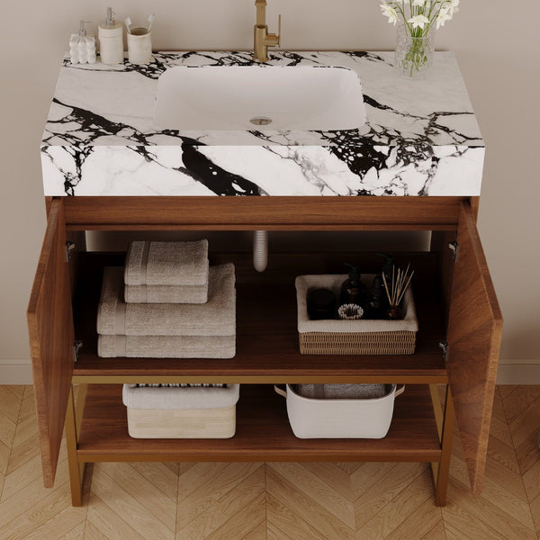English Elm 29.9" Freestanding Bathroom Vanity Sintered Top Ceramic Sink Soft-close Drawers Small Bath Walnut / White - B W3136S00118