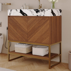 English Elm 29.9" Freestanding Bathroom Vanity Sintered Top Ceramic Sink Soft-close Drawers Small Bath Walnut / White - B W3136S00118