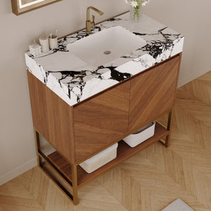 English Elm 29.9" Freestanding Bathroom Vanity Sintered Top Ceramic Sink Soft-close Drawers Small Bath Walnut / White - B W3136S00118