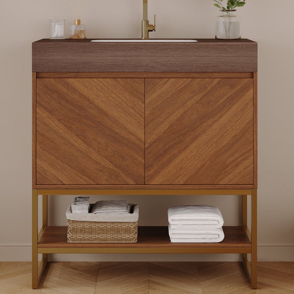 English Elm 29.9" Freestanding Bathroom Vanity Sintered Top Ceramic Sink Soft-close Drawers Small Bath Brown / Walnut W3136S00119
