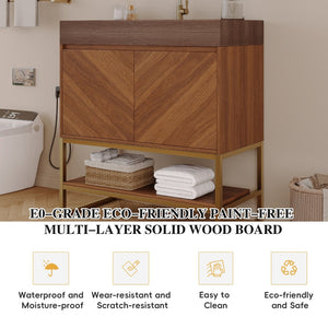 English Elm 29.9" Freestanding Bathroom Vanity Sintered Top Ceramic Sink Soft-close Drawers Small Bath Brown / Walnut W3136S00119