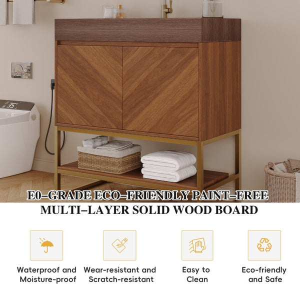 English Elm 29.9" Freestanding Bathroom Vanity Sintered Top Ceramic Sink Soft-close Drawers Small Bath Brown / Walnut W3136S00119