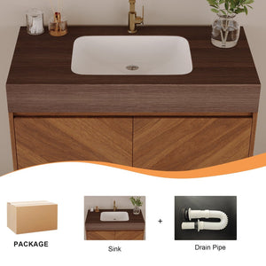 English Elm 29.9" Freestanding Bathroom Vanity Sintered Top Ceramic Sink Soft-close Drawers Small Bath Brown / Walnut W3136S00119