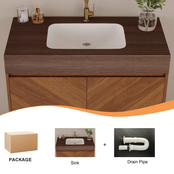 English Elm 29.9" Freestanding Bathroom Vanity Sintered Top Ceramic Sink Soft-close Drawers Small Bath Brown / Walnut W3136S00119