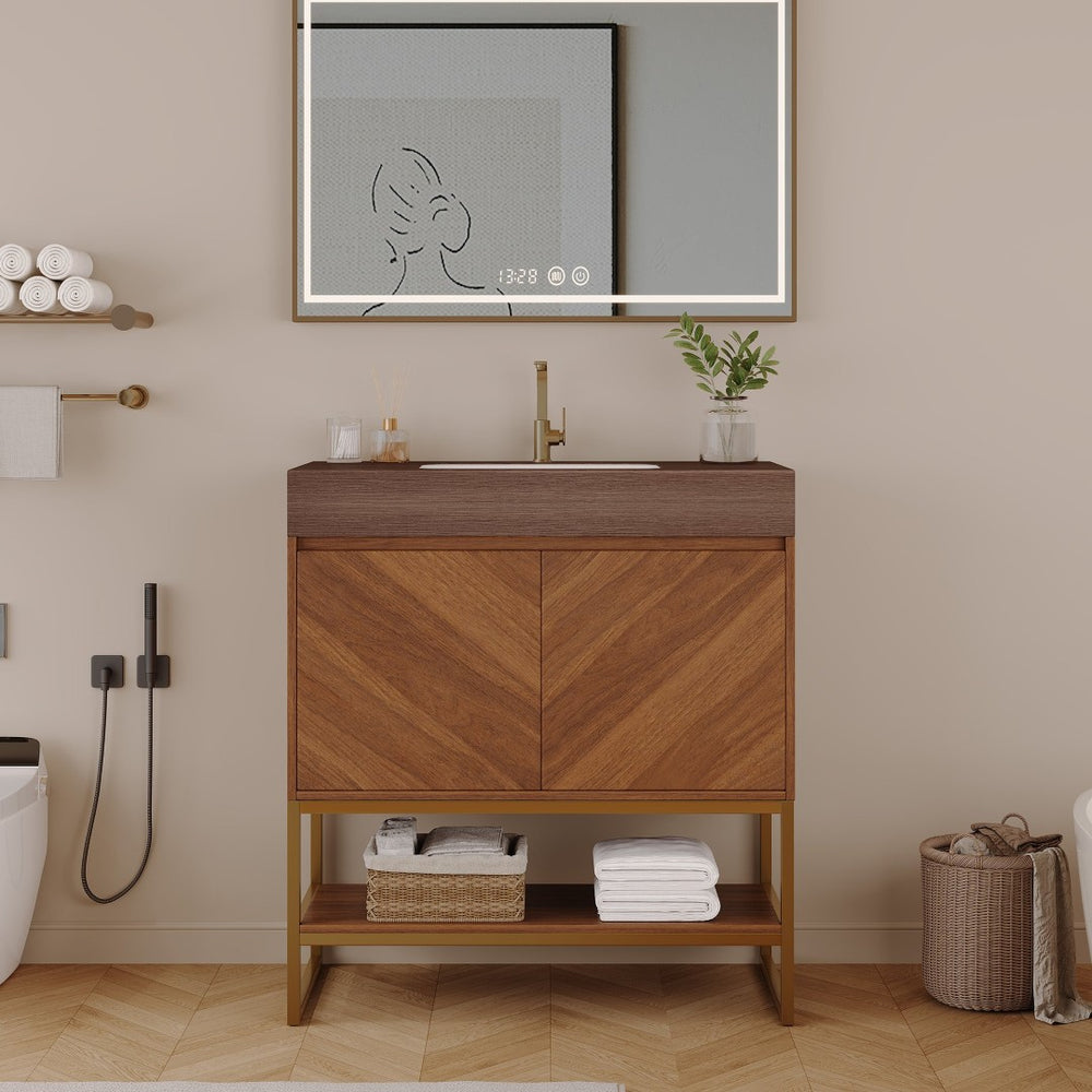 English Elm 29.9" Freestanding Bathroom Vanity Sintered Top Ceramic Sink Soft-close Drawers Small Bath Brown / Walnut W3136S00119
