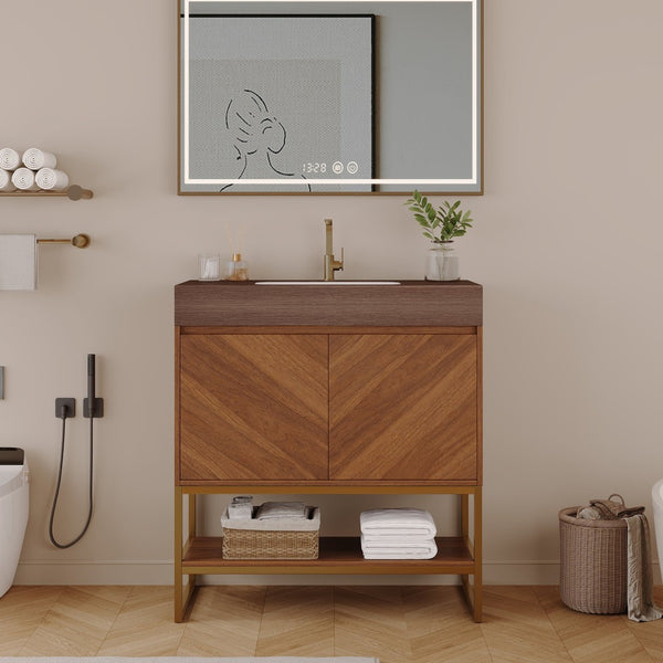 English Elm 29.9" Freestanding Bathroom Vanity Sintered Top Ceramic Sink Soft-close Drawers Small Bath Brown / Walnut W3136S00119