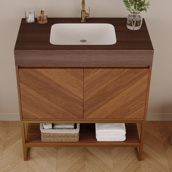 English Elm 29.9" Freestanding Bathroom Vanity Sintered Top Ceramic Sink Soft-close Drawers Small Bath Brown / Walnut W3136S00119