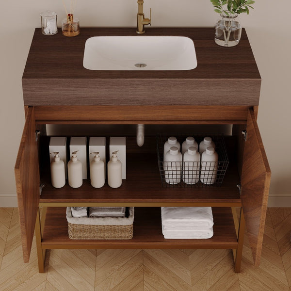 English Elm 29.9" Freestanding Bathroom Vanity Sintered Top Ceramic Sink Soft-close Drawers Small Bath Brown / Walnut W3136S00119
