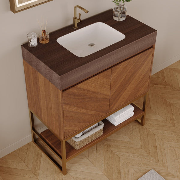 English Elm 29.9" Freestanding Bathroom Vanity Sintered Top Ceramic Sink Soft-close Drawers Small Bath Brown / Walnut W3136S00119
