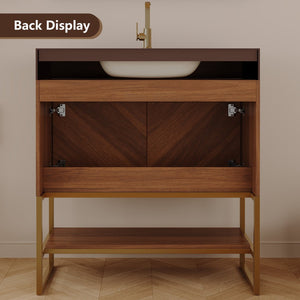 English Elm 29.9" Freestanding Bathroom Vanity Sintered Top Ceramic Sink Soft-close Drawers Small Bath Brown / Walnut W3136S00119