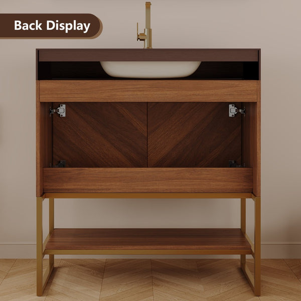 English Elm 29.9" Freestanding Bathroom Vanity Sintered Top Ceramic Sink Soft-close Drawers Small Bath Brown / Walnut W3136S00119