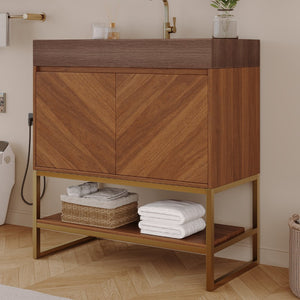 English Elm 29.9" Freestanding Bathroom Vanity Sintered Top Ceramic Sink Soft-close Drawers Small Bath Brown / Walnut W3136S00119