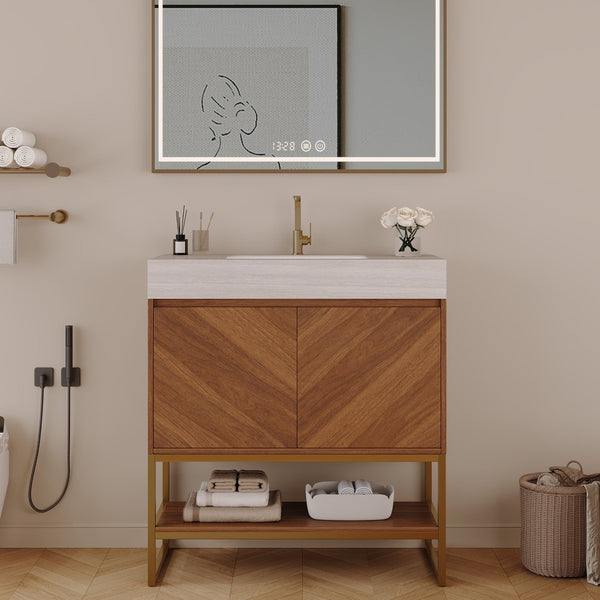 English Elm 29.9" Freestanding Bathroom Vanity Sintered Top Ceramic Sink Soft-close Drawers Small Bath Brown / Stone Gray W3136S00120