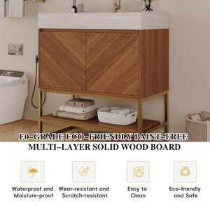 English Elm 29.9" Freestanding Bathroom Vanity Sintered Top Ceramic Sink Soft-close Drawers Small Bath Brown / Stone Gray W3136S00120