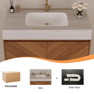 English Elm 29.9" Freestanding Bathroom Vanity Sintered Top Ceramic Sink Soft-close Drawers Small Bath Brown / Stone Gray W3136S00120