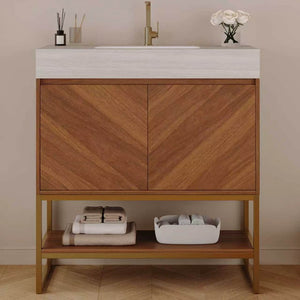 English Elm 29.9" Freestanding Bathroom Vanity Sintered Top Ceramic Sink Soft-close Drawers Small Bath Brown / Stone Gray W3136S00120