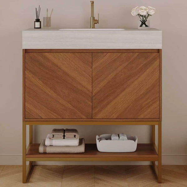 English Elm 29.9" Freestanding Bathroom Vanity Sintered Top Ceramic Sink Soft-close Drawers Small Bath Brown / Stone Gray W3136S00120