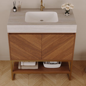 English Elm 29.9" Freestanding Bathroom Vanity Sintered Top Ceramic Sink Soft-close Drawers Small Bath Brown / Stone Gray W3136S00120