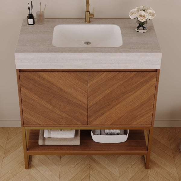 English Elm 29.9" Freestanding Bathroom Vanity Sintered Top Ceramic Sink Soft-close Drawers Small Bath Brown / Stone Gray W3136S00120