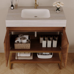 English Elm 29.9" Freestanding Bathroom Vanity Sintered Top Ceramic Sink Soft-close Drawers Small Bath Brown / Stone Gray W3136S00120