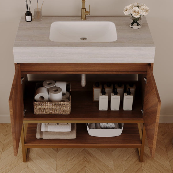 English Elm 29.9" Freestanding Bathroom Vanity Sintered Top Ceramic Sink Soft-close Drawers Small Bath Brown / Stone Gray W3136S00120