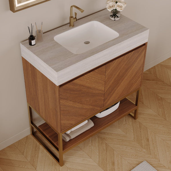 English Elm 29.9" Freestanding Bathroom Vanity Sintered Top Ceramic Sink Soft-close Drawers Small Bath Brown / Stone Gray W3136S00120