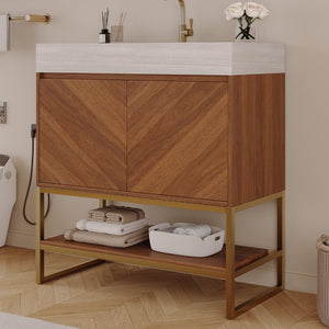 English Elm 29.9" Freestanding Bathroom Vanity Sintered Top Ceramic Sink Soft-close Drawers Small Bath Brown / Stone Gray W3136S00120