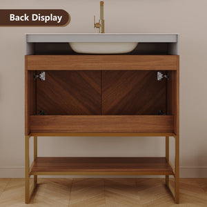 English Elm 29.9" Freestanding Bathroom Vanity Sintered Top Ceramic Sink Soft-close Drawers Small Bath Brown / Stone Gray W3136S00120