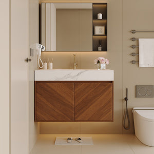 English Elm 30 Inch Floating Bathroom Vanity with Sintered Stone Top and Soft-Close Oak Cabinet Walnut White - A W3136S00121