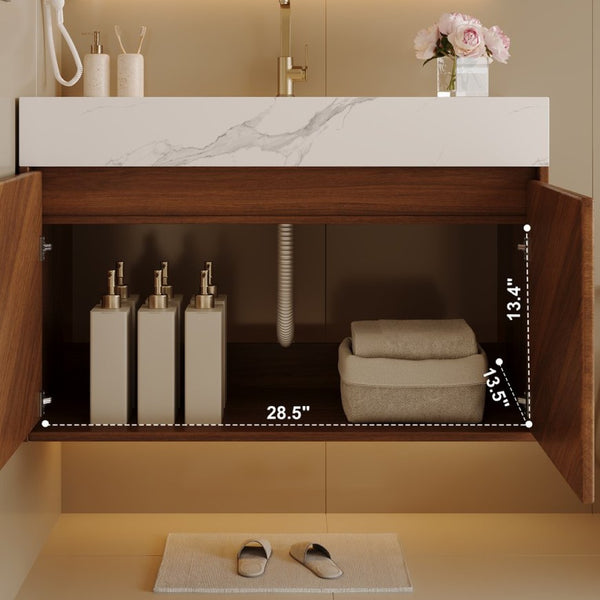 English Elm 30 Inch Floating Bathroom Vanity with Sintered Stone Top and Soft-Close Oak Cabinet Walnut White - A W3136S00121