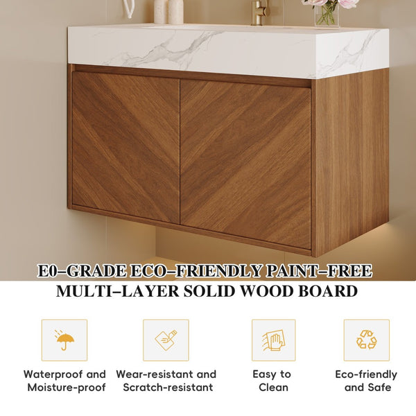 English Elm 30 Inch Floating Bathroom Vanity with Sintered Stone Top and Soft-Close Oak Cabinet Walnut White - A W3136S00121