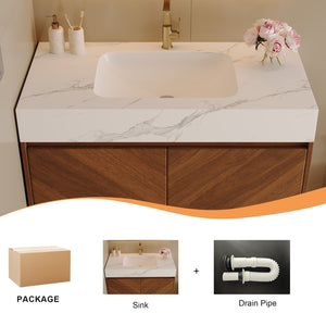 English Elm 30 Inch Floating Bathroom Vanity with Sintered Stone Top and Soft-Close Oak Cabinet Walnut White - A W3136S00121