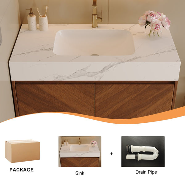 English Elm 30 Inch Floating Bathroom Vanity with Sintered Stone Top and Soft-Close Oak Cabinet Walnut White - A W3136S00121