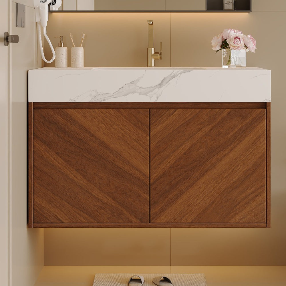 English Elm 30 Inch Floating Bathroom Vanity with Sintered Stone Top and Soft-Close Oak Cabinet Walnut White - A W3136S00121